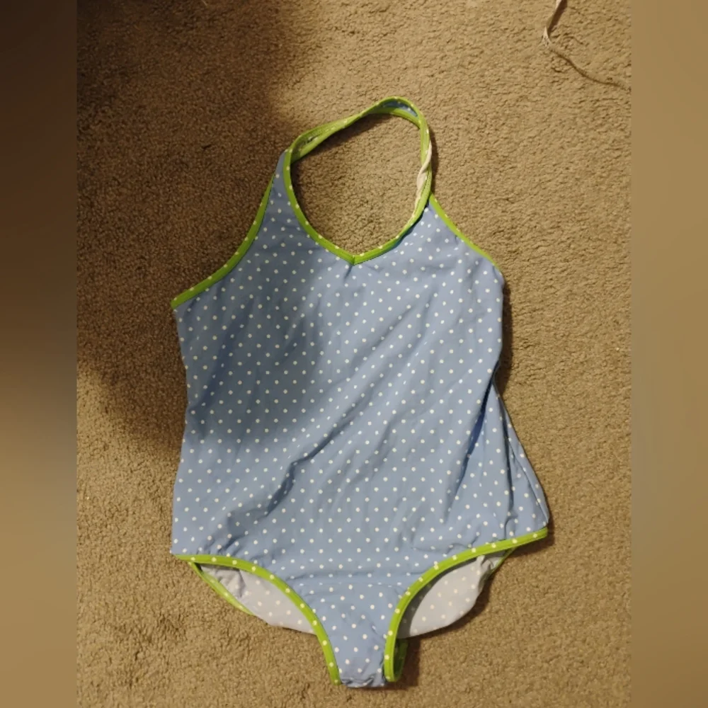 NWT Lands End Girls Polka Dot Halter One Piece Swimsuit Sz 14